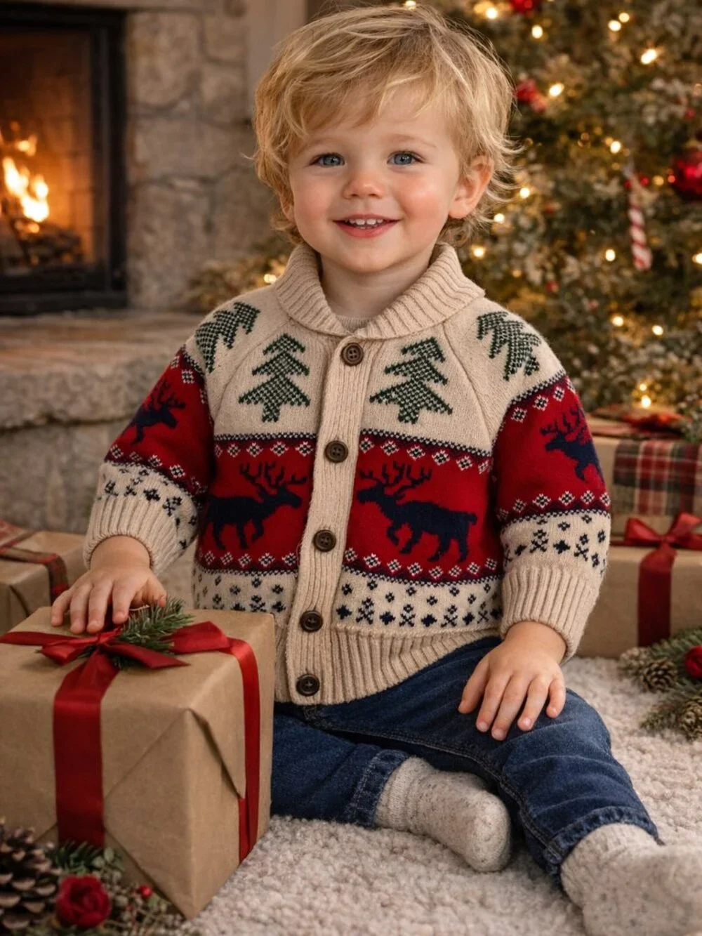 Hatley Kids Red Cream Reindeer Christmas Tree Fair Isle Shawl Cardigan Sweater 2